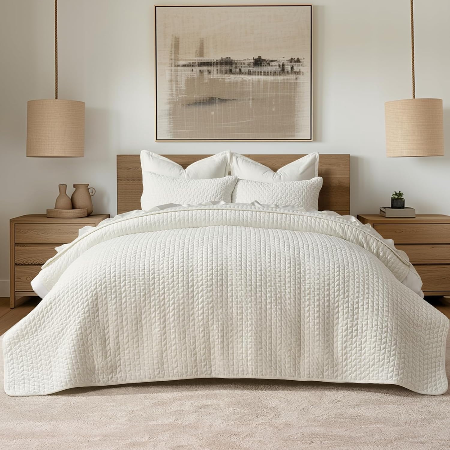 EVERGRACE Luxury Velvet Quilt Set Queen Size 3 Piece, Soft Cross-Stitch Velvet Comforter Set with Pillow Shams, Lightweight Coverlet Bedspread Bedding Set for All Seasons, Cream White