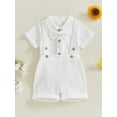 thumbnail image 5 of BemeyourBBs Baby Boy Formal Gentleman Wedding Outfit Christening Baptism Outfits Cotton Linen Summer Dress Clothes Short Sleeve Button Down Lapel Bowtie Bodysuit Shirts Suspender Shorts Set, 5 of 9