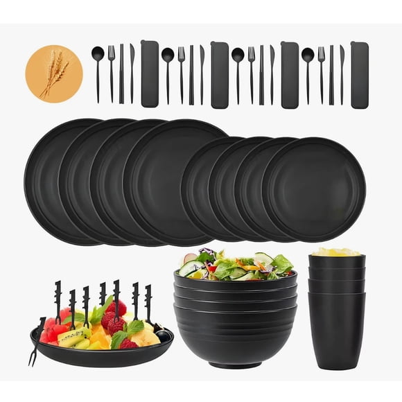 Vajilla Juego Cocina Paja Trigo Plato Tazas Kit 48pcs Modelo Negro