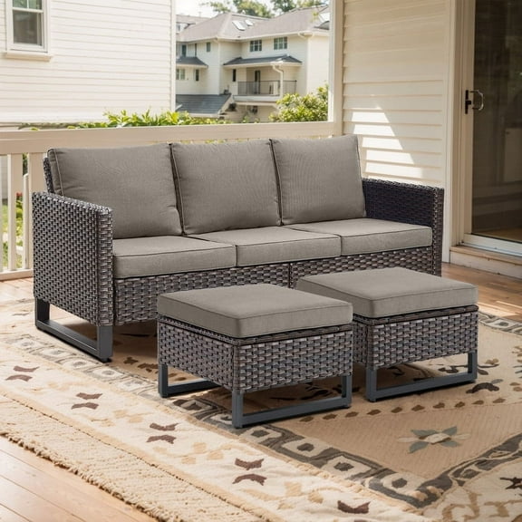 POCASSY 74.02" Wide Outdoor Wicker Patio Sofa with Ottomans
