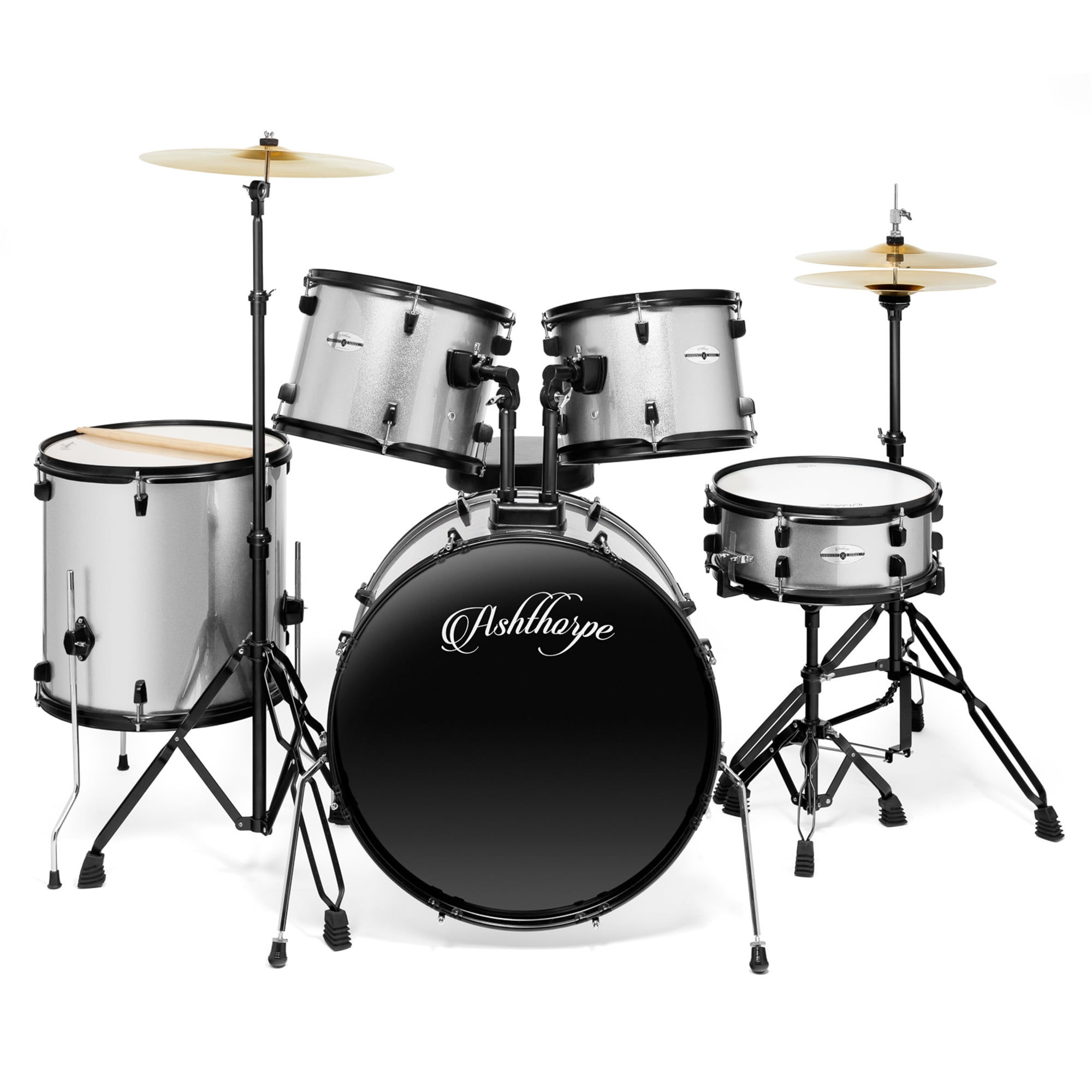 Ashthorpe 5-Piece Complete Full Size Adult Drum Set with Remo Batter Drumheads - Silver