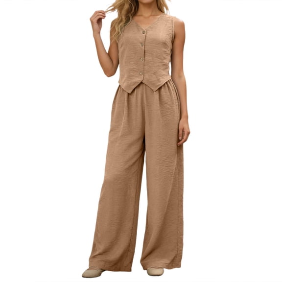 Likimi Two Piece Sets For Women Summer Casual V Neck Solid Color Sleeveless Vest With Pants Breathable Outfit Set Khaki Size L