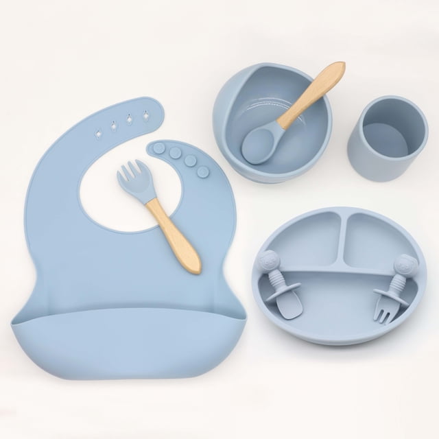 Vajilla de silicona para bebé, complemento alimenticio, cuenco, cuchara, tenedor, taza de agua, compartimento para babero, plato redondo