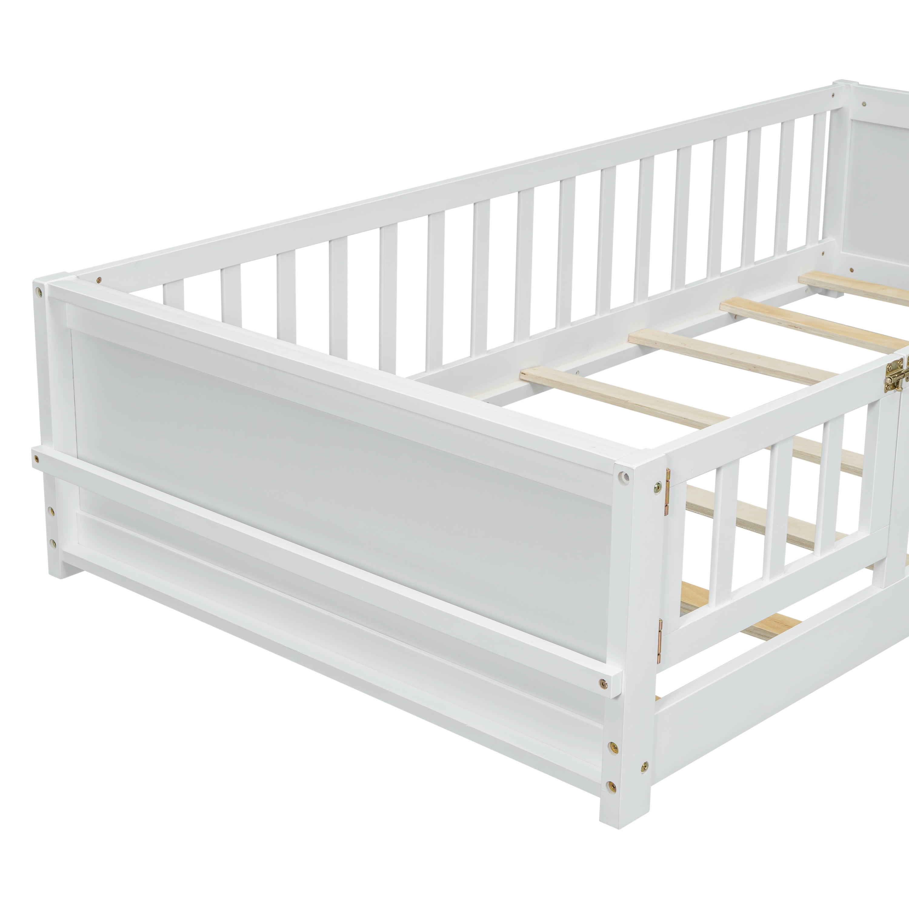 PORKISS Kids Floor Bed, Twin Size Solid Wood Floor Platform Bed with Book Storage Rack, Montessori Bed, With Door - White