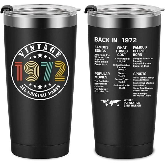 50th Birthday Gifts for Men Women Friends, Tumbler 20 oz Stainless Steel Vacuum Insulated Tumblers, Double Sided Printed Birthday Thermos cup, Back in 1972 Old Time Information - Black