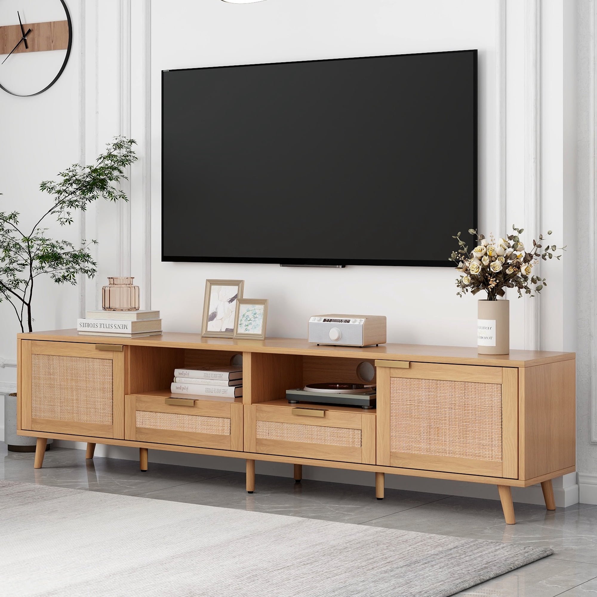 TV Stand for TVs up to 85 Inch, Rattan Media Console with Storage Cabinets & Open Shelves, Entertainment Center with Solid Wood Legs for Living Room