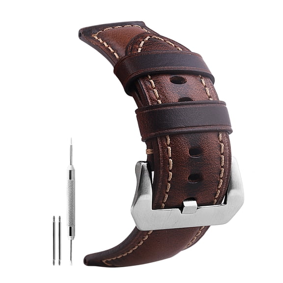 26mm Genuine Leather Watch Band Coffee Oil-tanned Natural Crack Leather Wrist Straps With Silver Buckle