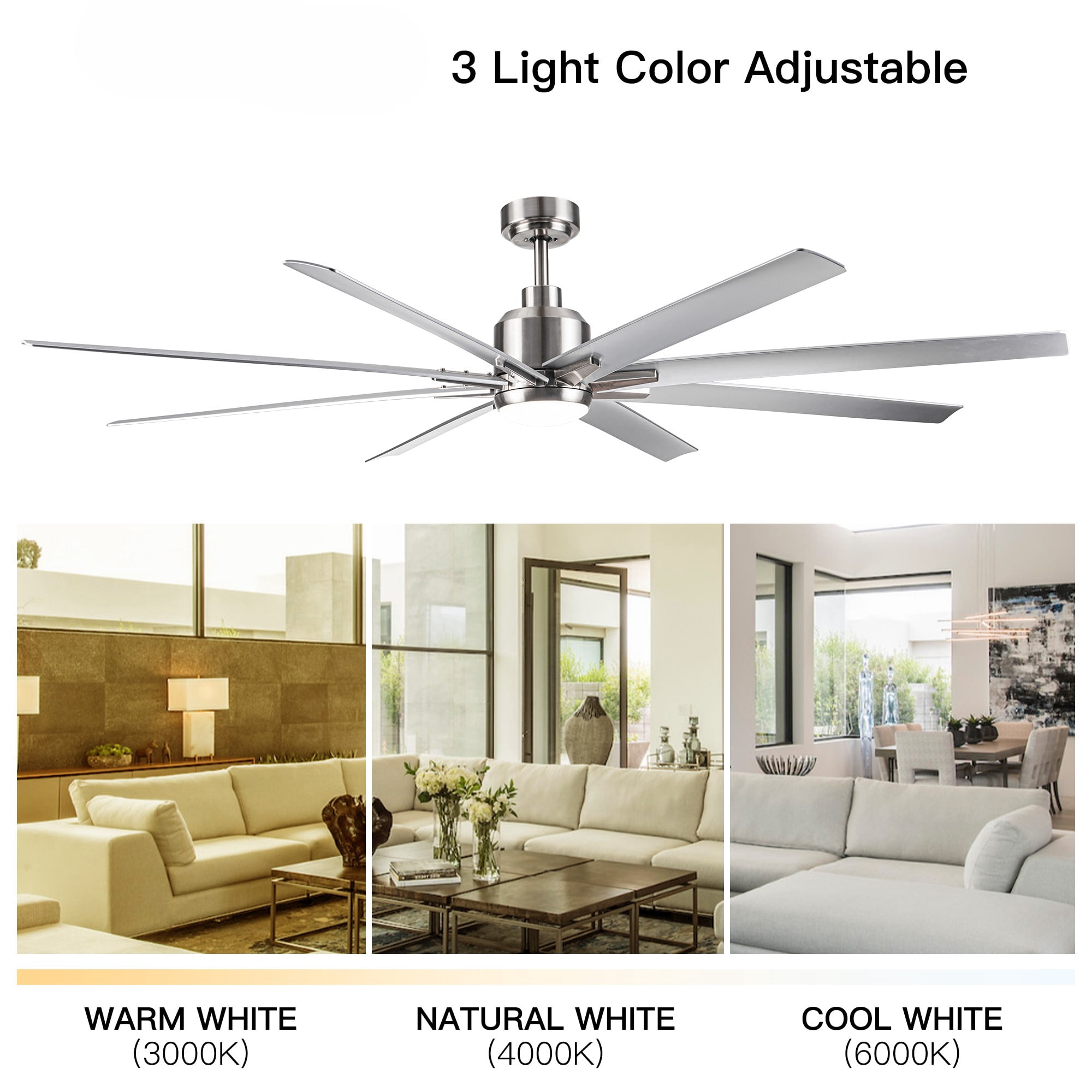 Leumius 72" Ceiling Fan with Lights and Remote, Modern Farmhouse Ceiling Fan with Quiet DC Motor, 6 Speeds, Reversible Blades, Dimmable 3CCT LED Light for Indoor Outdoor Large Room Brushed Nickel