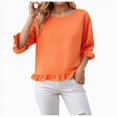 thumbnail image 2 of Towmus Womens 3/4 Sleeve Tops Knit Cotton Ladies Blouses Crew Neck T Shirts for Women Loose Fit Ruffle Sleeve Tunic Tops, L, Orange, 2 of 8