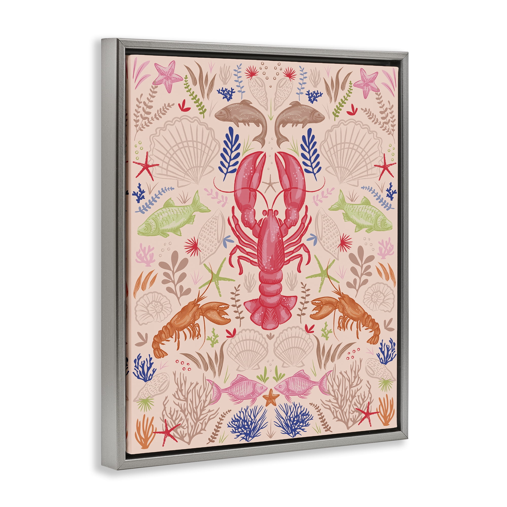 Stupell Industries Symmetrical Sea Life Nautical & Beach Painting Gray Floater Framed Canvas Art Print Wall Art, 17 x 21