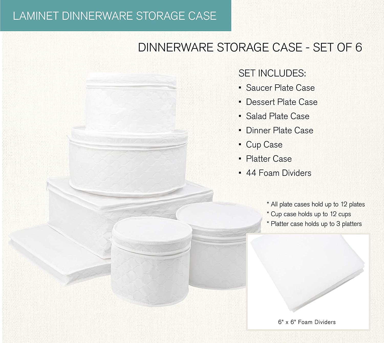 LAMINET 6 Piece Quilted Dinnerware Storage Starter Set - Includes 4 Plate Cases, 1 Cup Case & Platter Case - White 6400AC-FBM