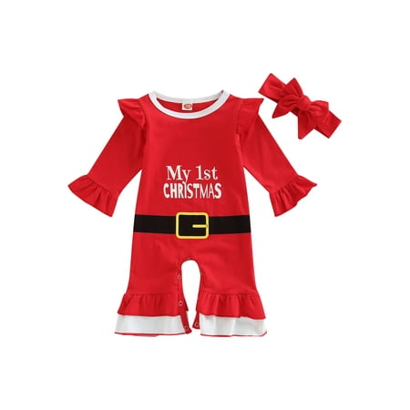 

Newborn Baby Girl Christmas Jumpsuit Long Sleeve Ruffle Santa Romper + Headband Infant Loose One Piece Playsuit