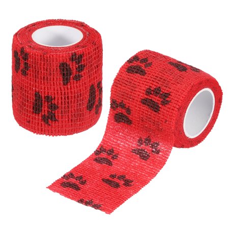 Uxcell Pet Wrap Bandages, 2 Inch 5 Yard Self Adhesive Bandage Wrap, Pet Non-Woven Tape First Aid Cohesive Gauze, (Red/Paw, 2 Pcs)