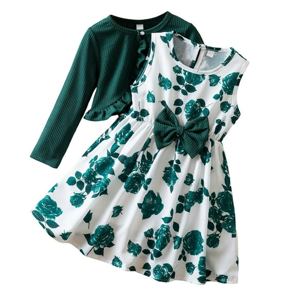 VNKIDY Girls Outfits Kids Children Floral Dress Set White Sleeveless Dress With Green Rose Print Matching Ruffled Knit Cardigan For Parties Wear Classic Outfits