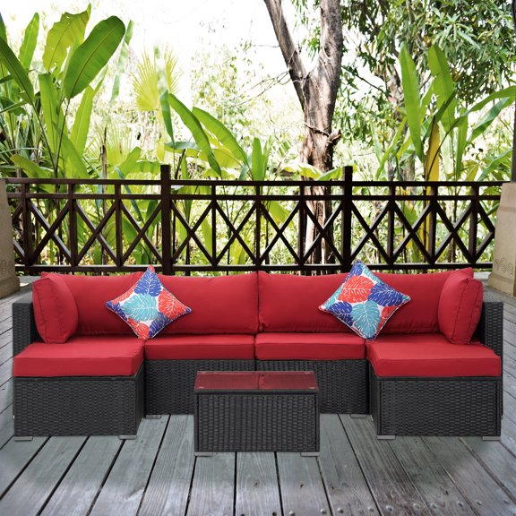 7 Pieces Patio Furniture Set, All-Weather Sectional Sofa PE Rattan Wicker Patio Outdoor Conversation Set with Thickened Cushions and Coffee Table (Red)