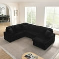 thumbnail image 4 of Corduroy Striped Upholstered Sofa with Pull Out Bed and Storage Chaise, Modern Minimalist U-Shaped Sectional Couch in Black for Small Spaces, Assembly Required, 4 of 9