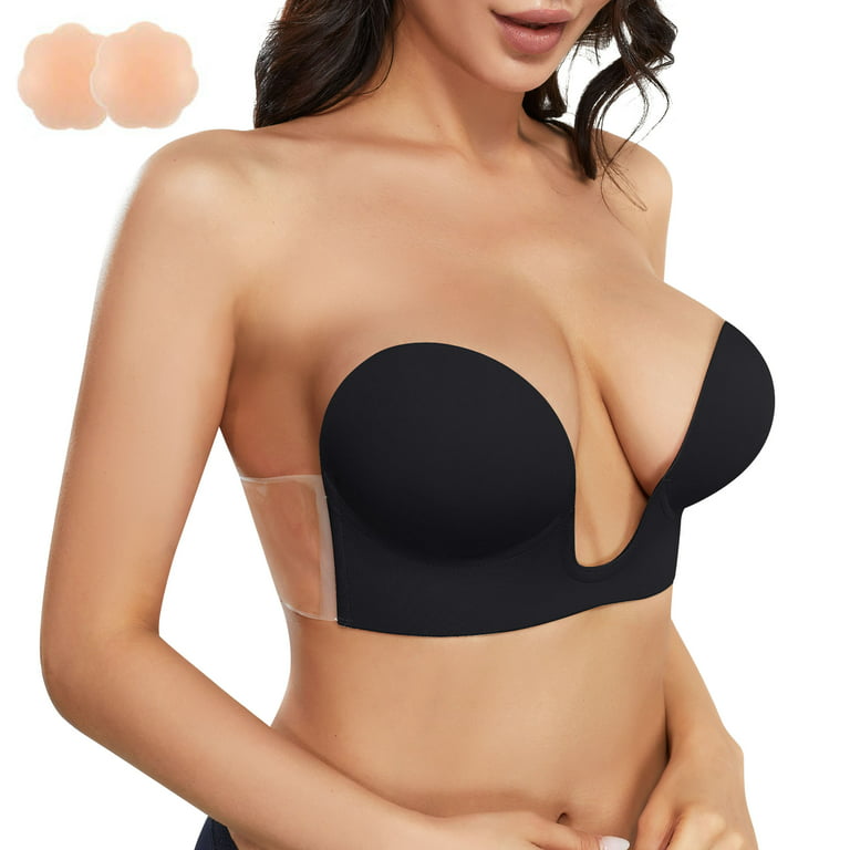 Gotoly Invisible Adhesive Strapless Bra Sticky Push Up Silicone Bra with  Nipple Covers for Women (Black Small)