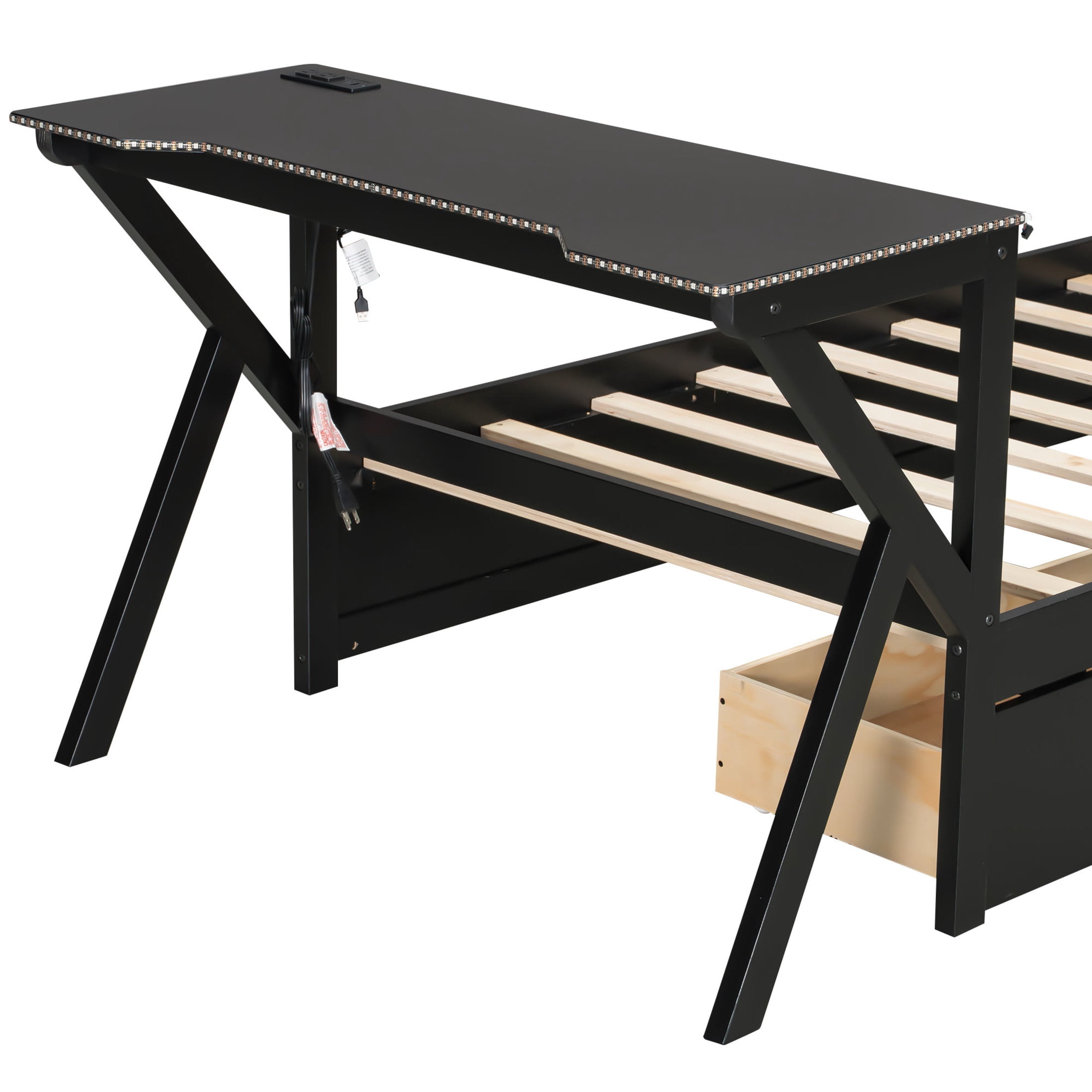 Noble House Twin Gaming Platform Bed, LED Headboard, and Built-in Desk with USB Charging and Storage Drawers, Black