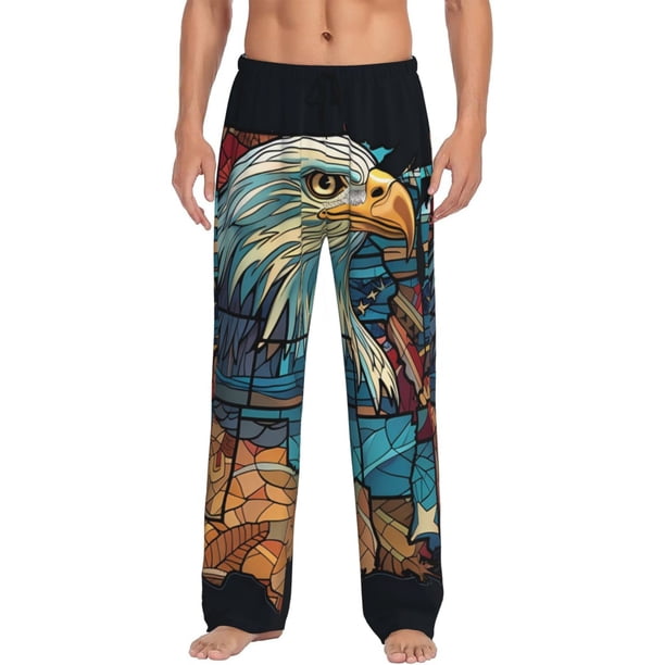 Fotbe Stained Glass Eagle USA Pantalones de Pijama para Hombre, Pantalones de Dormir, Pantalones de Casa con Cintura Ajustable y Bolsillos-3X-Large