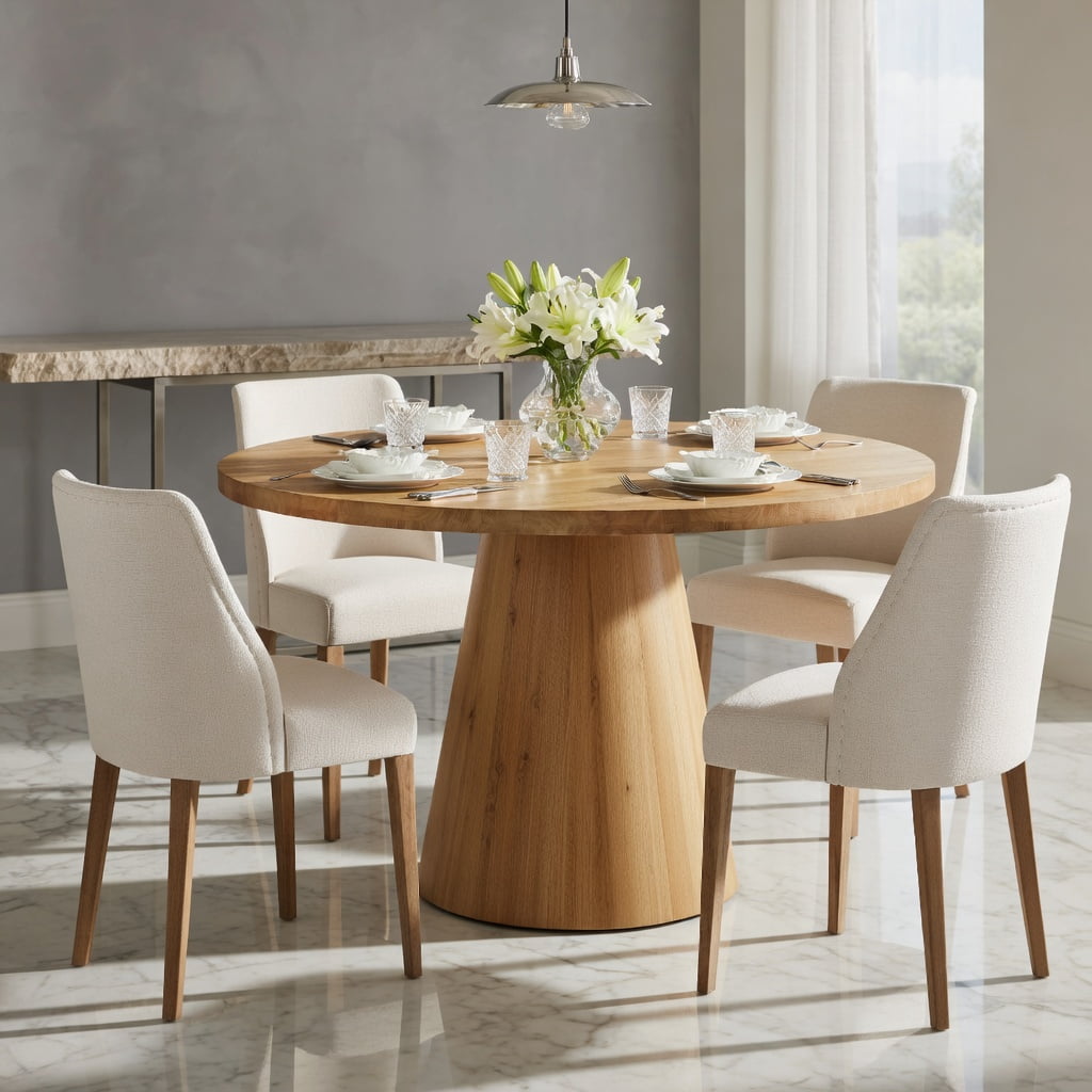 Hommoo 47.24" Solid Wood Round Dining Table, Farmhouse Pedestal Kitchen Table for 4 to 6 People, Natural