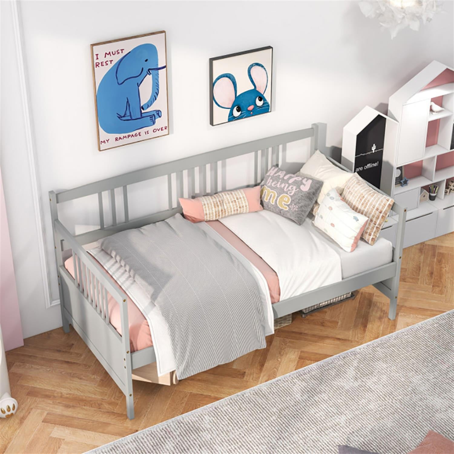 Demi Bonn Twin Size Wooden Slats Daybed Bed with Rails, Modern Bed Frame for Teens, Gray