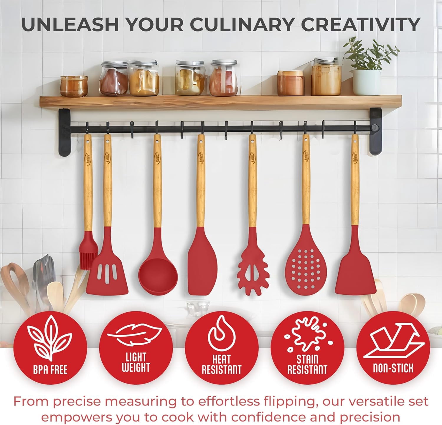 Kaluns 21 Pcs Wood and Silicone Kitchen Utensils Set for Cooking Household Essentials – Premium Cooking Utensil Set, Red