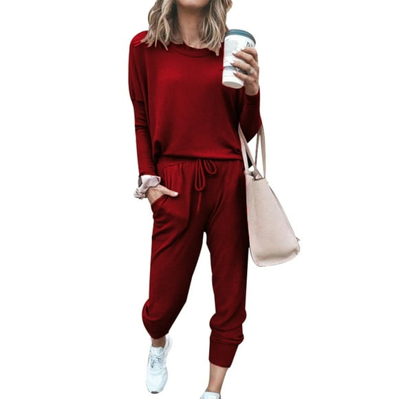 Bellella Ladies Loungewear Pjs Sleepwear Elastic Waist Nightwear Drawstring Pajamas Sets Women Lounge Set Wine Red L
