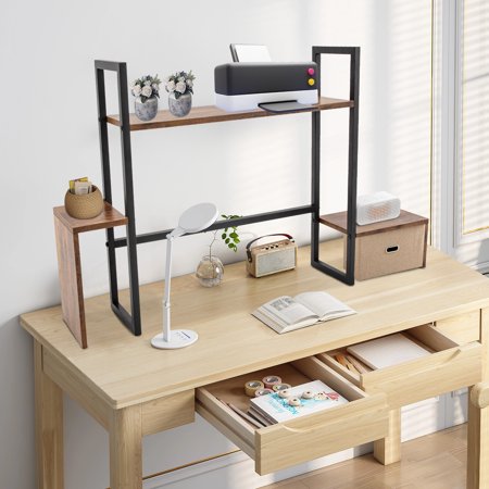 Desktop Computer Shelf Organizer with Storage Compartments MDF & Steel Display Rack Rustic Brown & Black Desk Bookshelf for Home Office