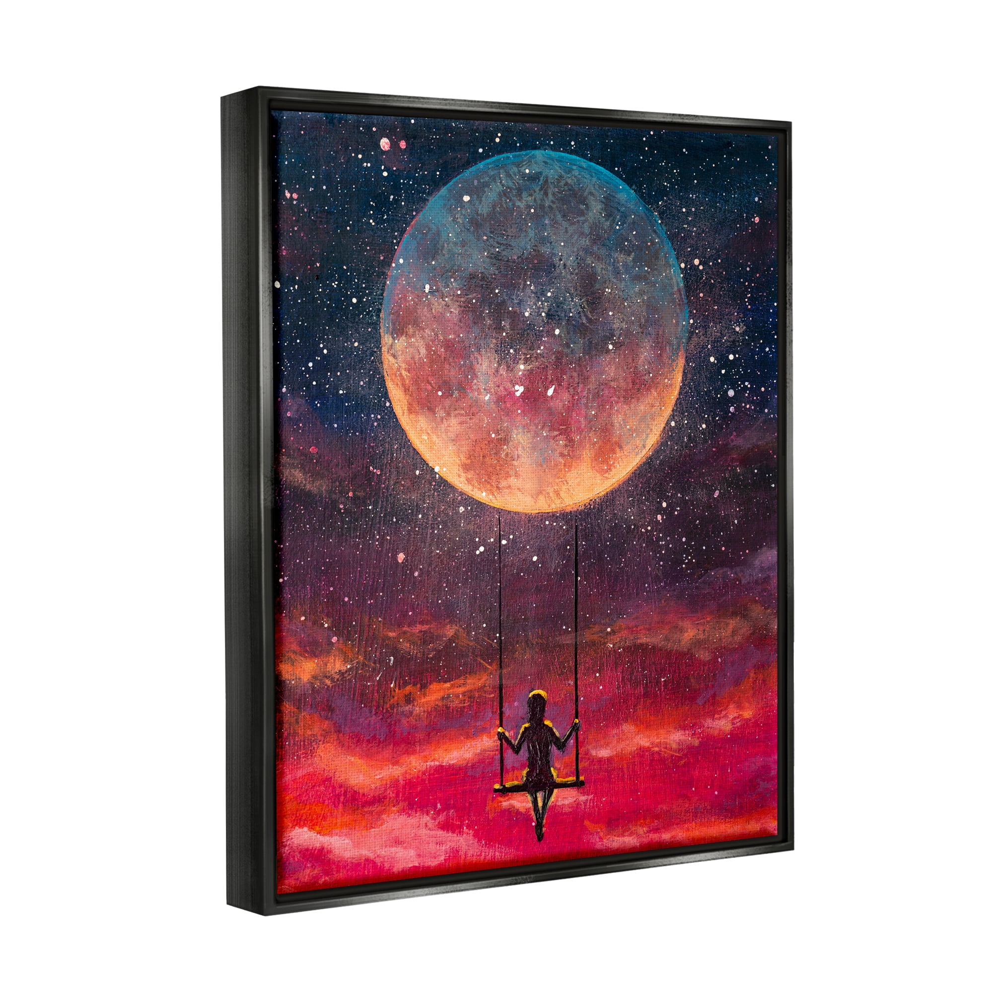 Stupell Industries Person Swinging From Moon Nature Painting Black Floater Framed Art Print Wall Art, 25 x 31