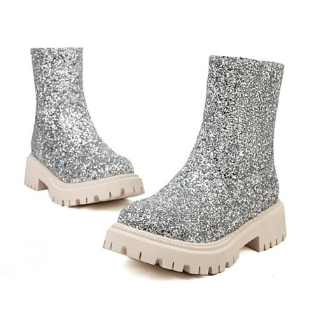 

Cathalem Womens Snow Boots Fashion Women s Shoes British Style Leather Low Heel Sequin Side Zipper Lace up Boots Women with Heel Silver 6.5