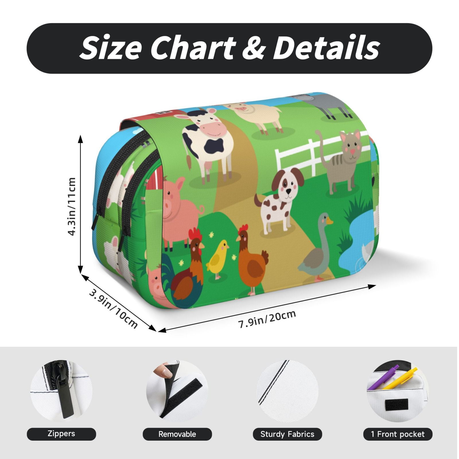 Rateoe Farm Animals Pattern Double Clamshell Pen Case, Storage Organizer with Two Zipper Compartments– Holds Up to 50 Pencils & Pens
