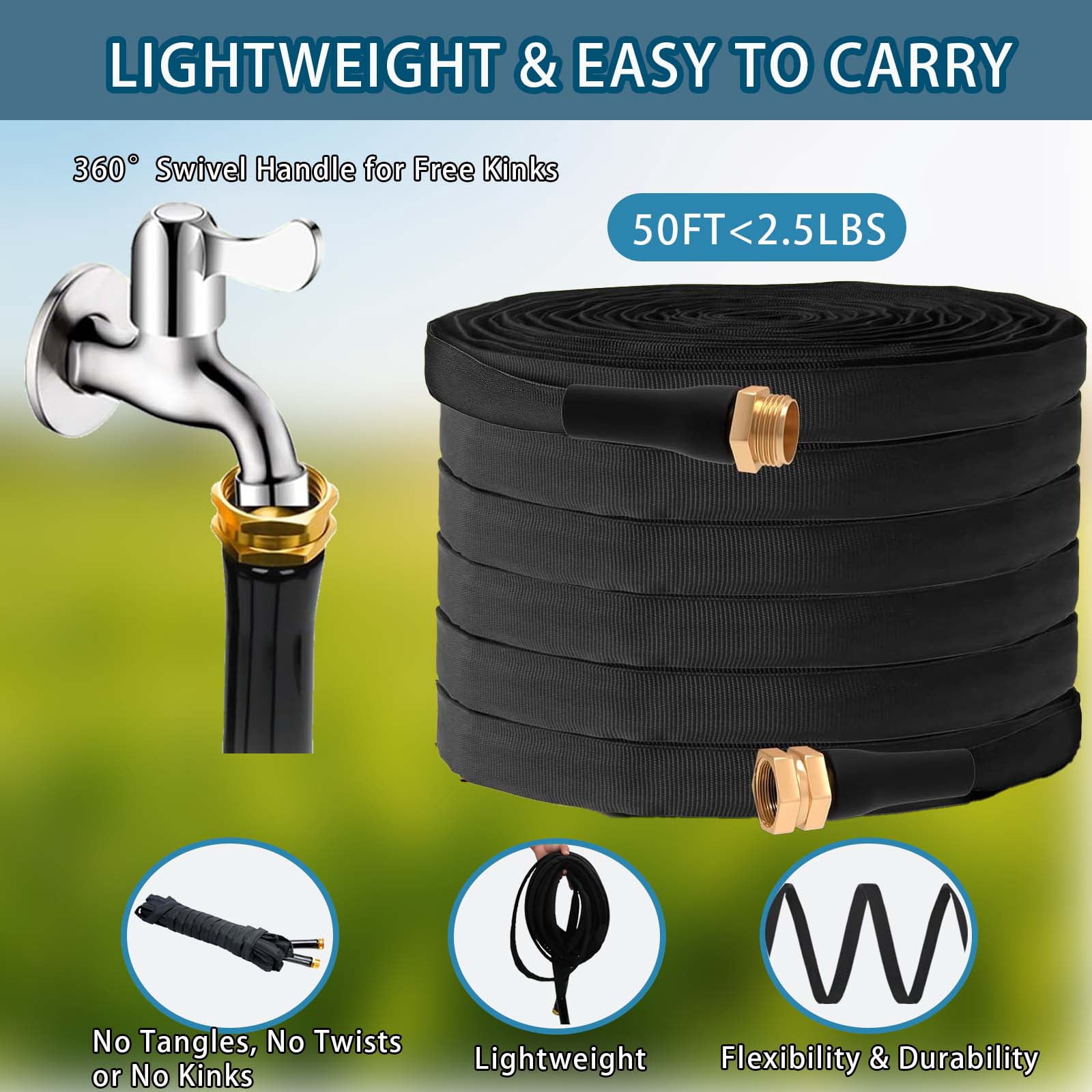 50Ft Non-Expandable Garden Hose, Flexible Water Hose with 10-Pattern Spray Nozzle, Lightweight Hose Pipe, Kink-Free, Leak-Proof, 3/4" Solid Metal Fittings