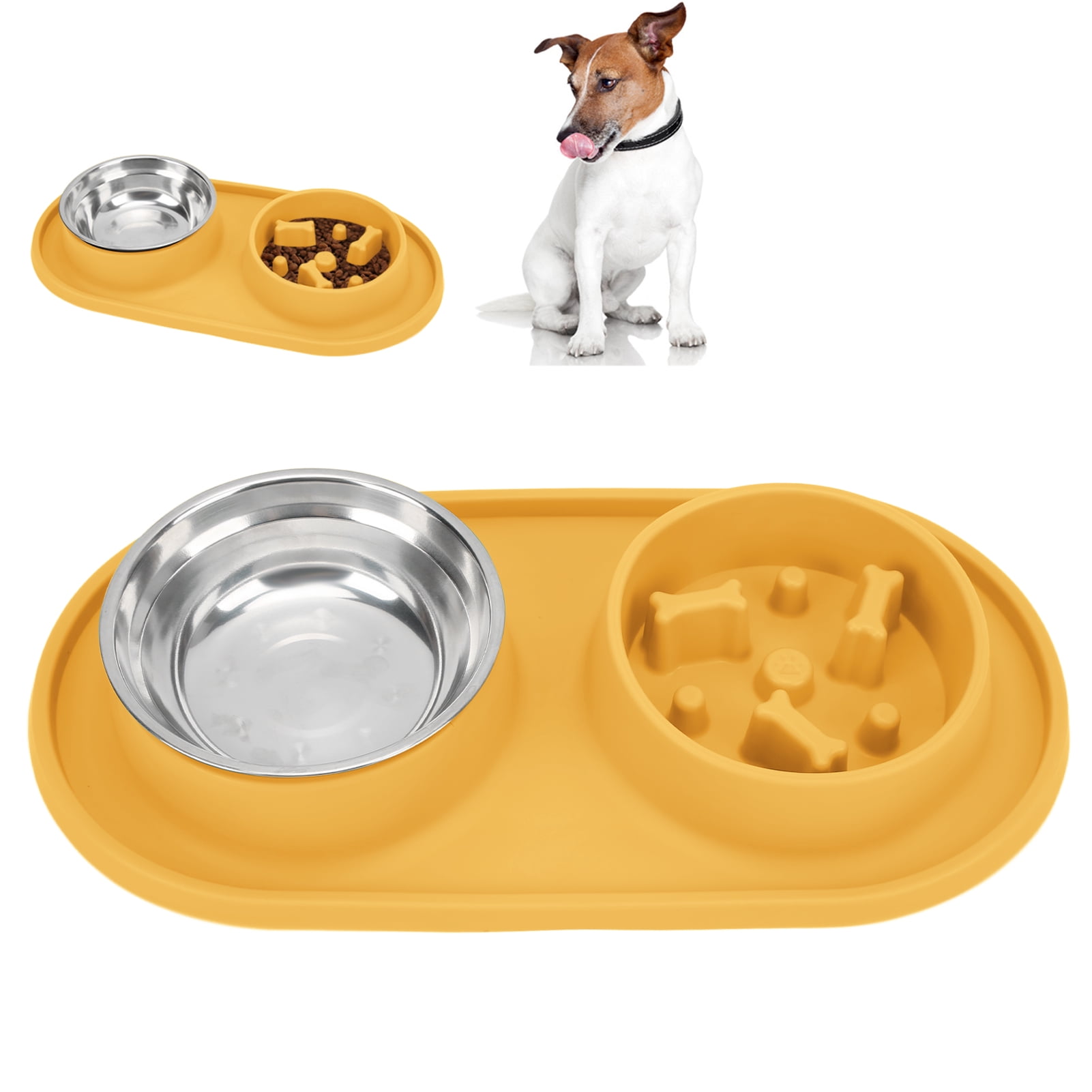 BOKYAN Silicone Slow Feeder Dog Bowl Set Double Pet Bowls with Stainless Steel Water Bowl Anti-Skid Removable Tray for Dogs and Cats Yellow
