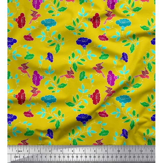Soimoi Poly Georgette Fabric Leaves,Bird & Floral Artistic Print Fabric by The Yard 52 Inch Wide