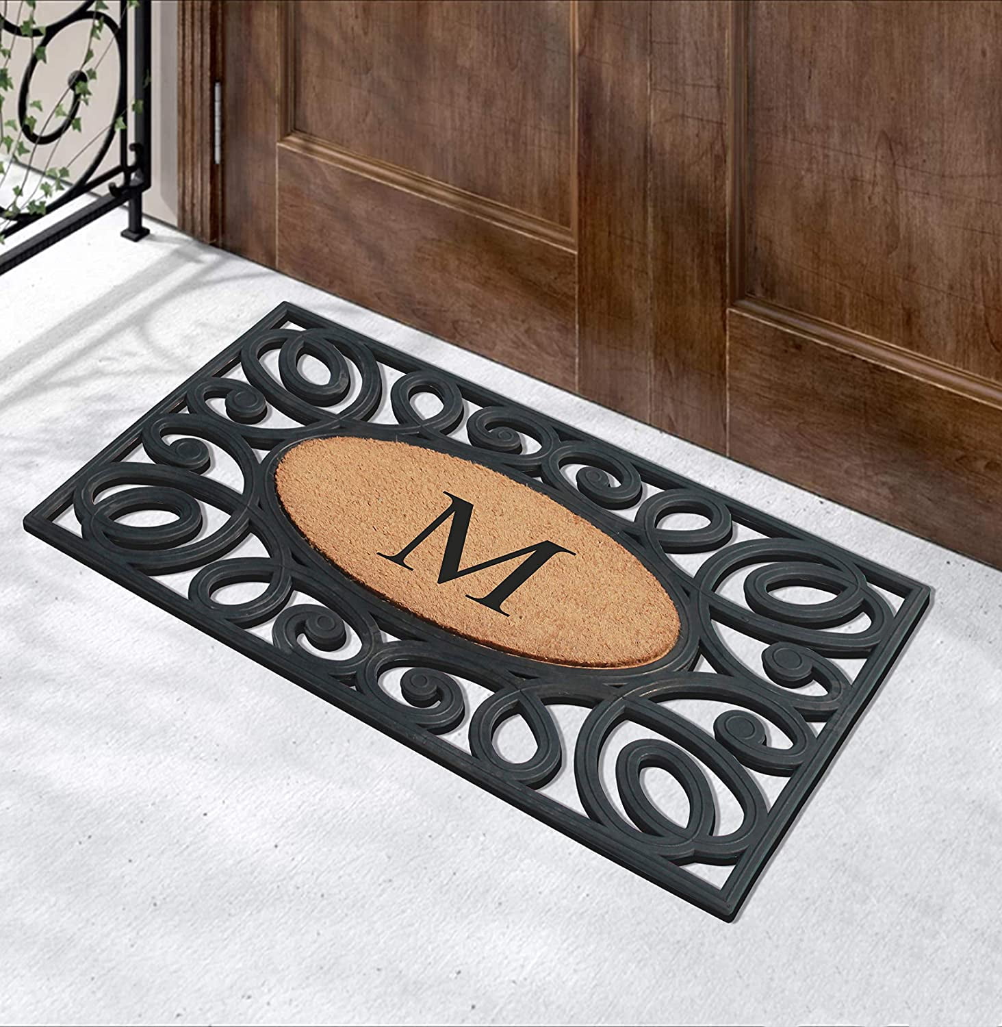 A1HC Elegant Circles Rubber and Coir Mat for Outdoor Entrance Heavy Duty Monogrammed Doormat Black/Beige 23x38