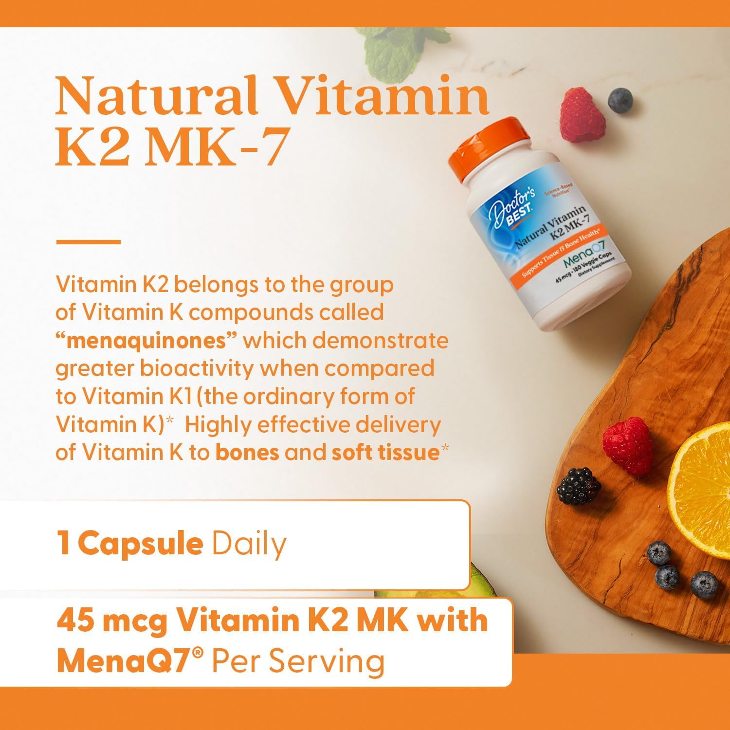 Doctor's Best Natural Vitamin K2 Mk-7 Capsule , Supports Bone Health & Soft Tissue Elasticity, 180 Ct