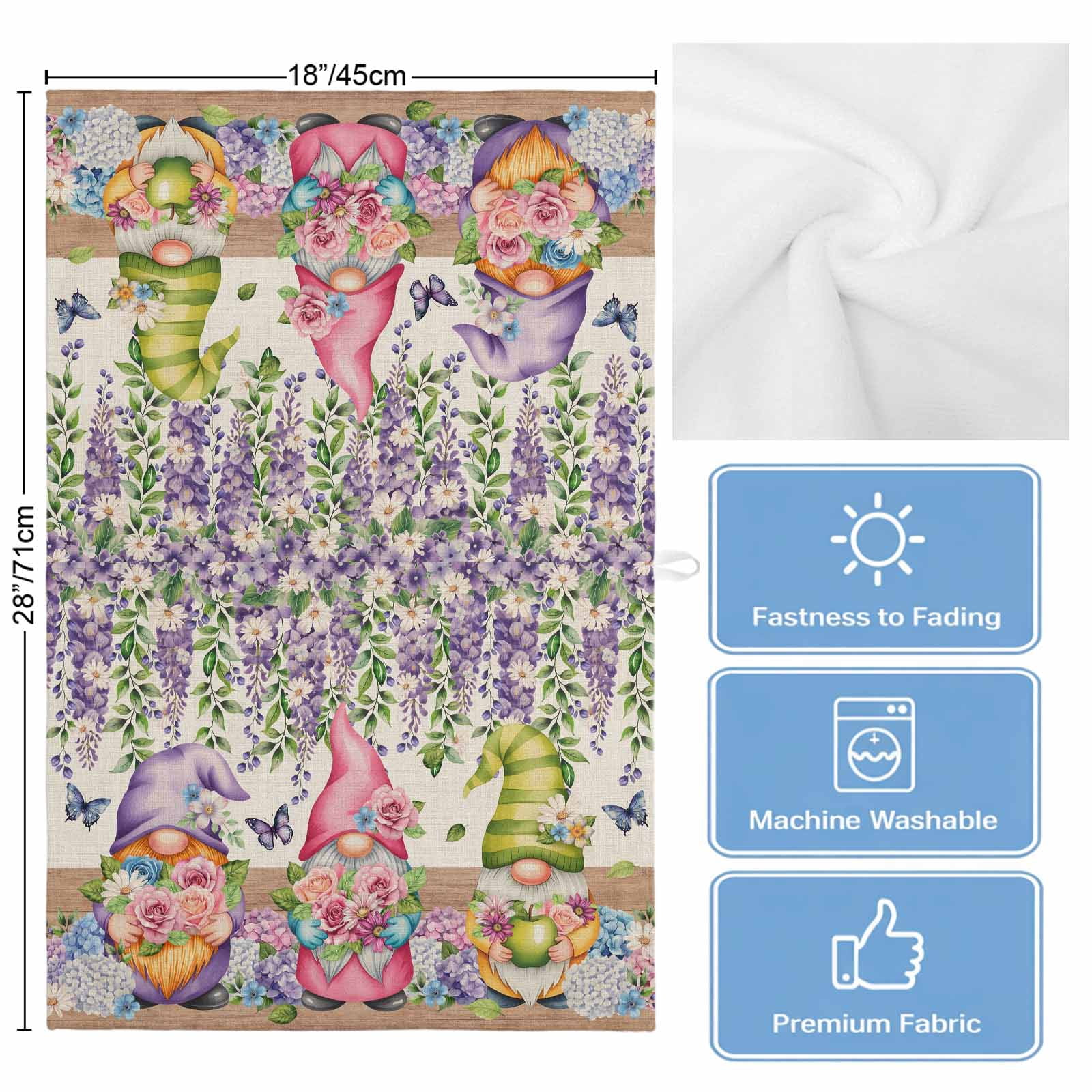 Blue Purple Gnomes 1 Pack Kitchen Towel, Water Absorbent Dish Towel, Spring Vintage Hydrangea Flower Leaf Decorative Hand Towels - Quick Drying Cloth for Cooking Baking, 18x28 Inch