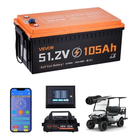 VEVOR 48V (51.2V) 105AH Lithium Golf Cart Battery, with 18A Charger, Lifepo4 Battery Kit, Built-in 200A BMS, with Bluetooth & Touch Monitor, 2C Discharge, 4000 Cycles, for Golf Carts, Trolling Motors
