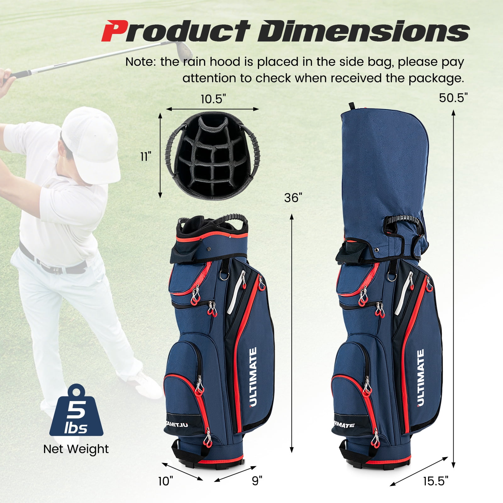 Topbuy Golf Cart Bag Lightweight Portable Golf Club Bag with 14-Way Dividers 8 Zippered Pockets Including Cooler Bag Rain Hood and Shoulder Strap for Men Women Navy