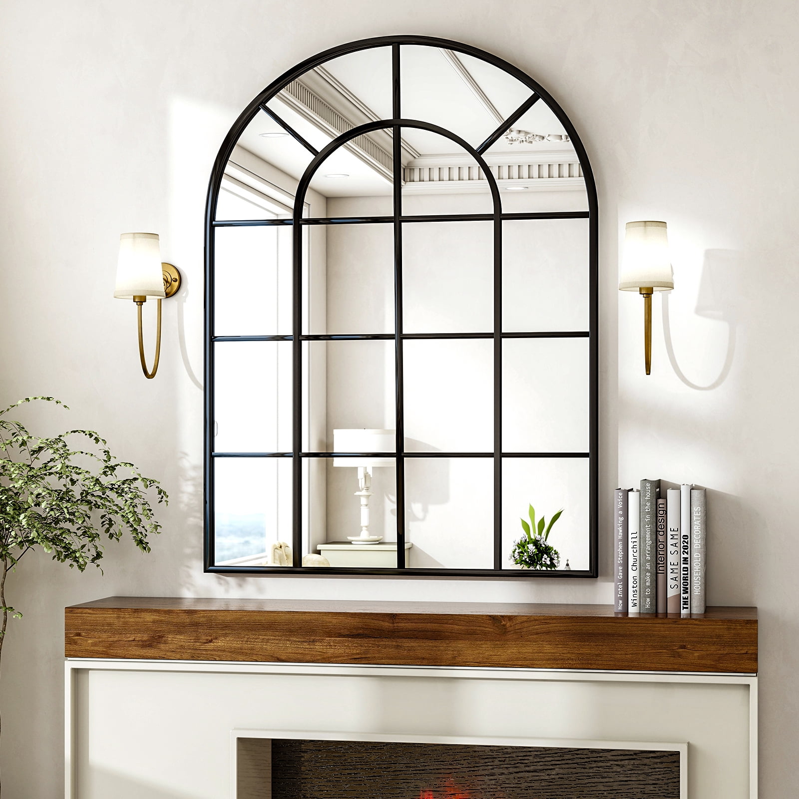 Easy4Home 40" x 30" Windowpane Arched Mirror Decorative Grid Wall Mirror, Black