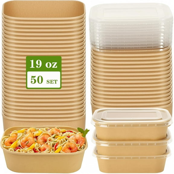 50-Pack Paper Meal Prep Containers with Lids – 19oz Kraft Cardboard Food Containers for Takeout, Salads, Meal Prep – Disposable Paper To Go Boxes, Freezer & Microwave Safe