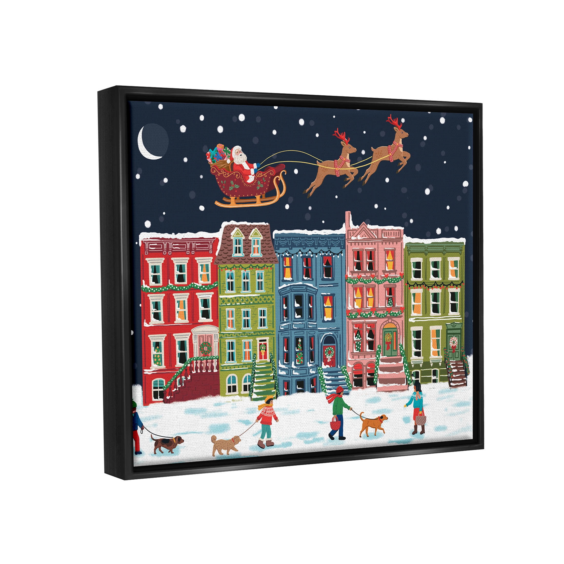 Snowy Christmas Town Santa Overhead Holiday Graphic Art Jet Black Framed Art Print Wall Art