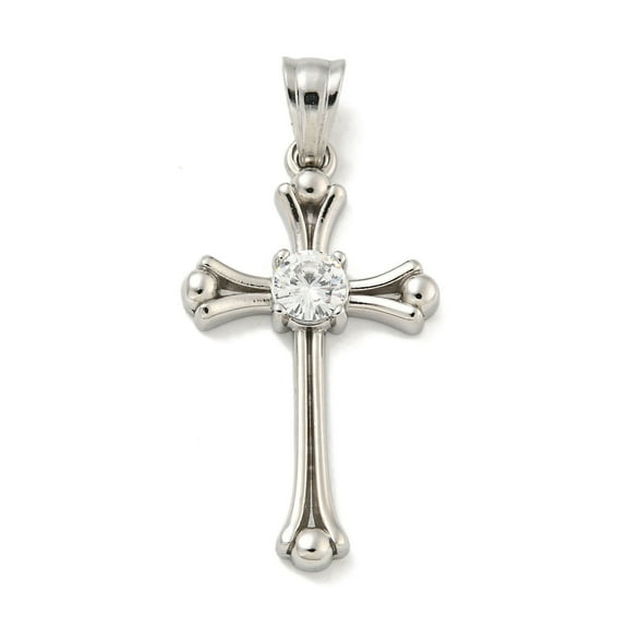 304 Stainless Steel Cubic Zirconia Pendants Cross Charm Stainless Steel Color 31x18x4mm Hole: 6x4.5mm