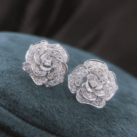 Elegant Camellia CZ Earrings, French Style Vintage Flower Studs for Women