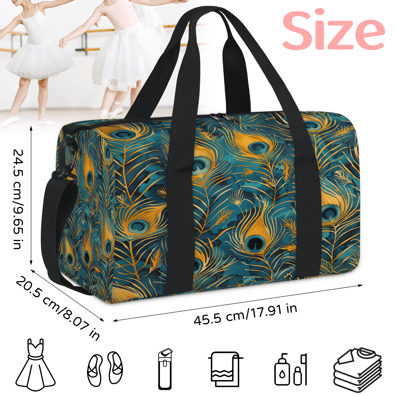 Herdesigns Bohemian Peacock Feather Travel Duffle Bag Sports Yoga Weekender Overnight Carry on Workout Bags Lightweight Waterproof Gym Tote Bag for Women