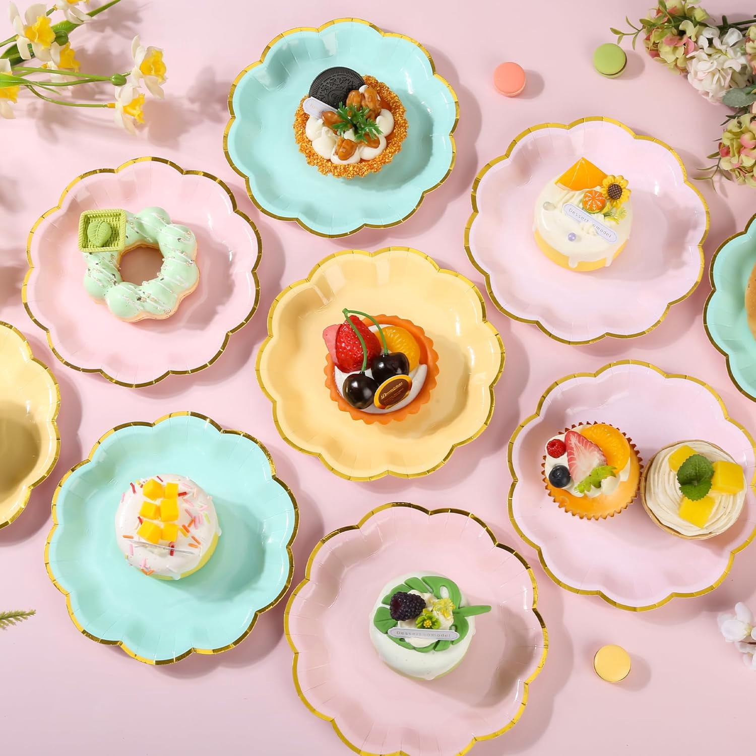 48 Pcs Pastel Scalloped Paper Plates 7 Inch Disposable Macaron Colorful Dessert Plates with Gold Edge Gradient Rainbow Party Supplies for Wedding Birthday Baby Shower Bridal Summer Decorations