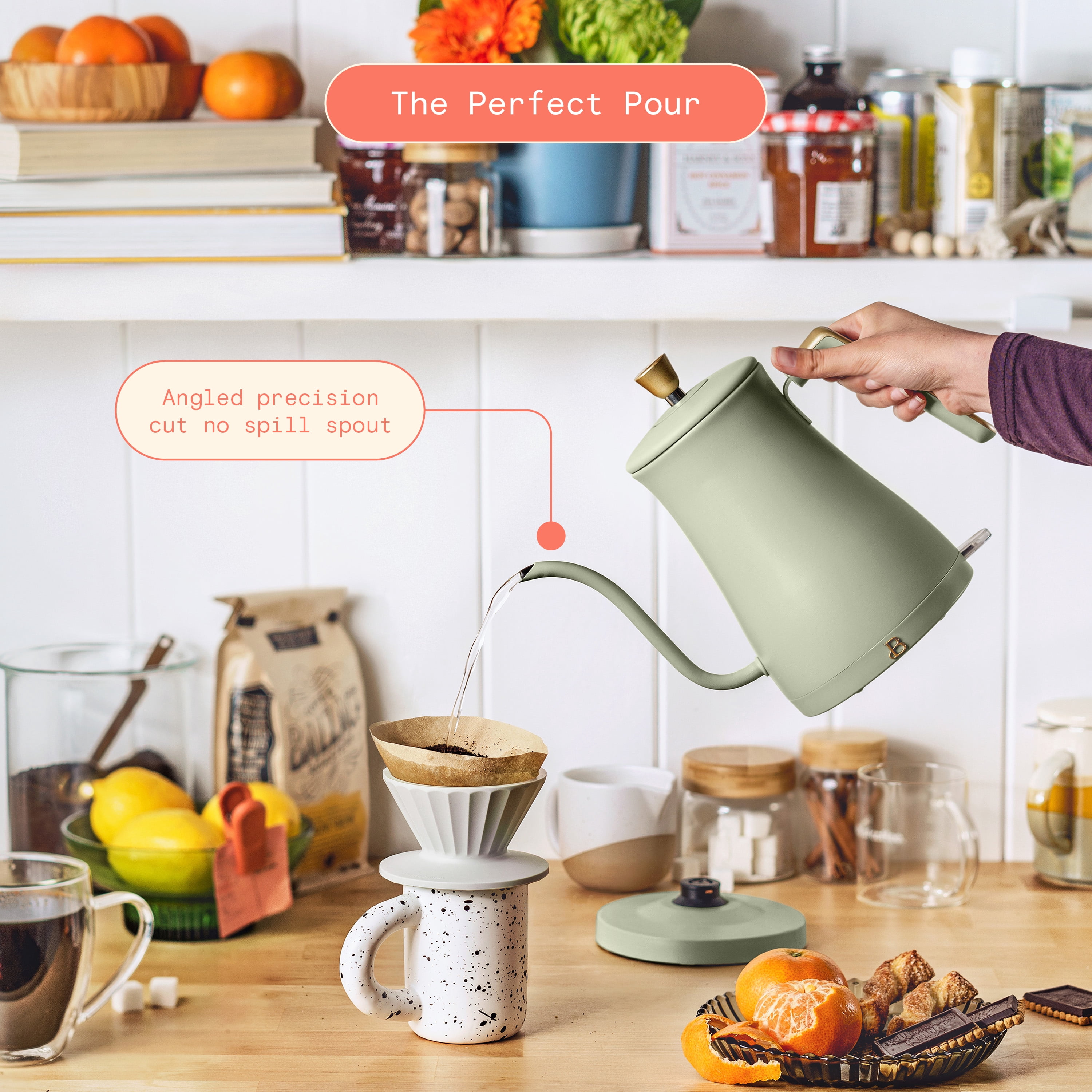 Beautiful 1-Liter Electric Gooseneck Kettle 1200 W, Sage Green by Drew Barrymore