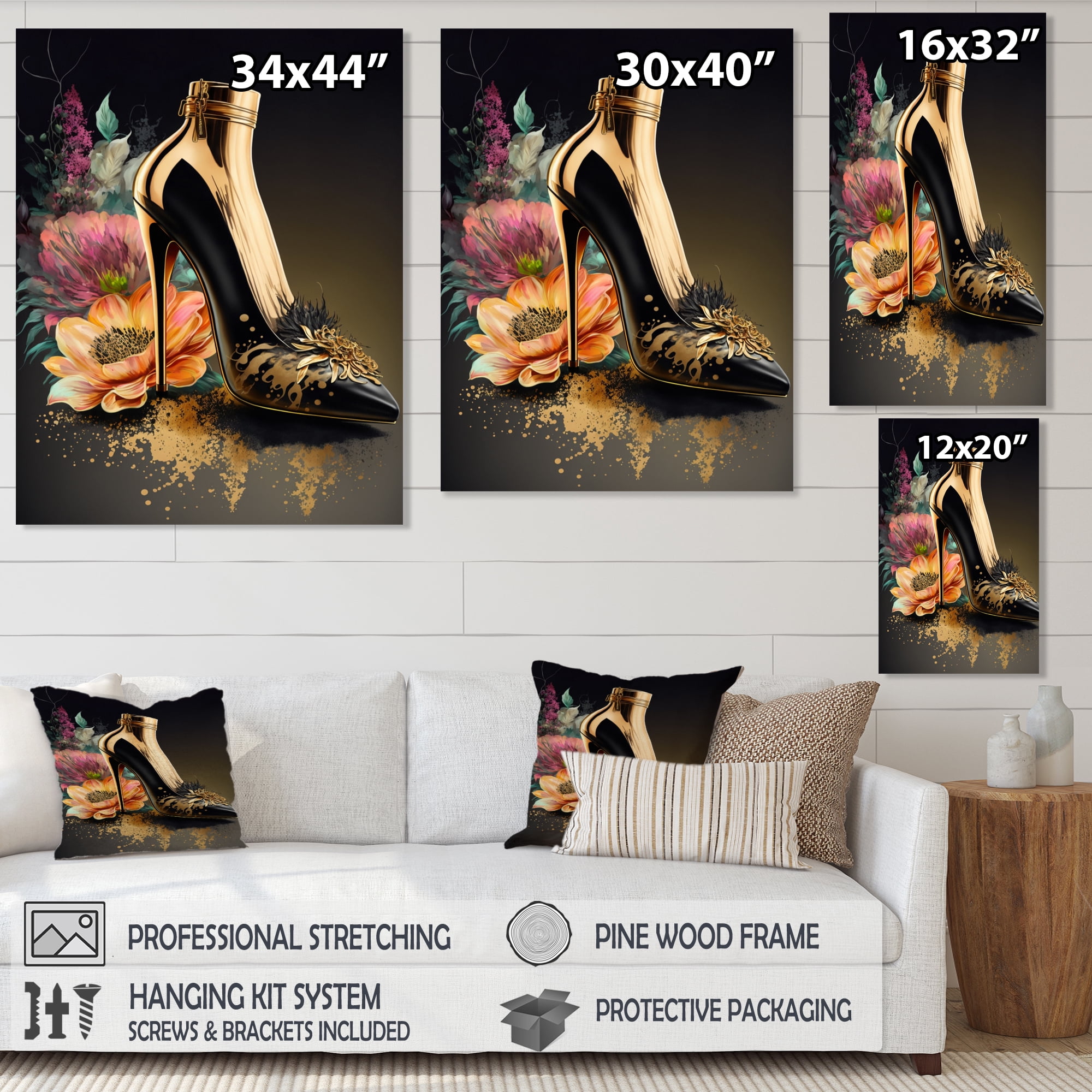 Designart Gold Champagne Heel I Canvas Wall Art