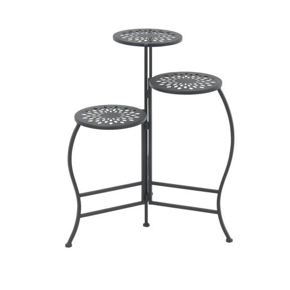 DecMode 20" x 15" x 24" 3 Tier Black Metal Folding Floral Plantstand with Floral Cutouts