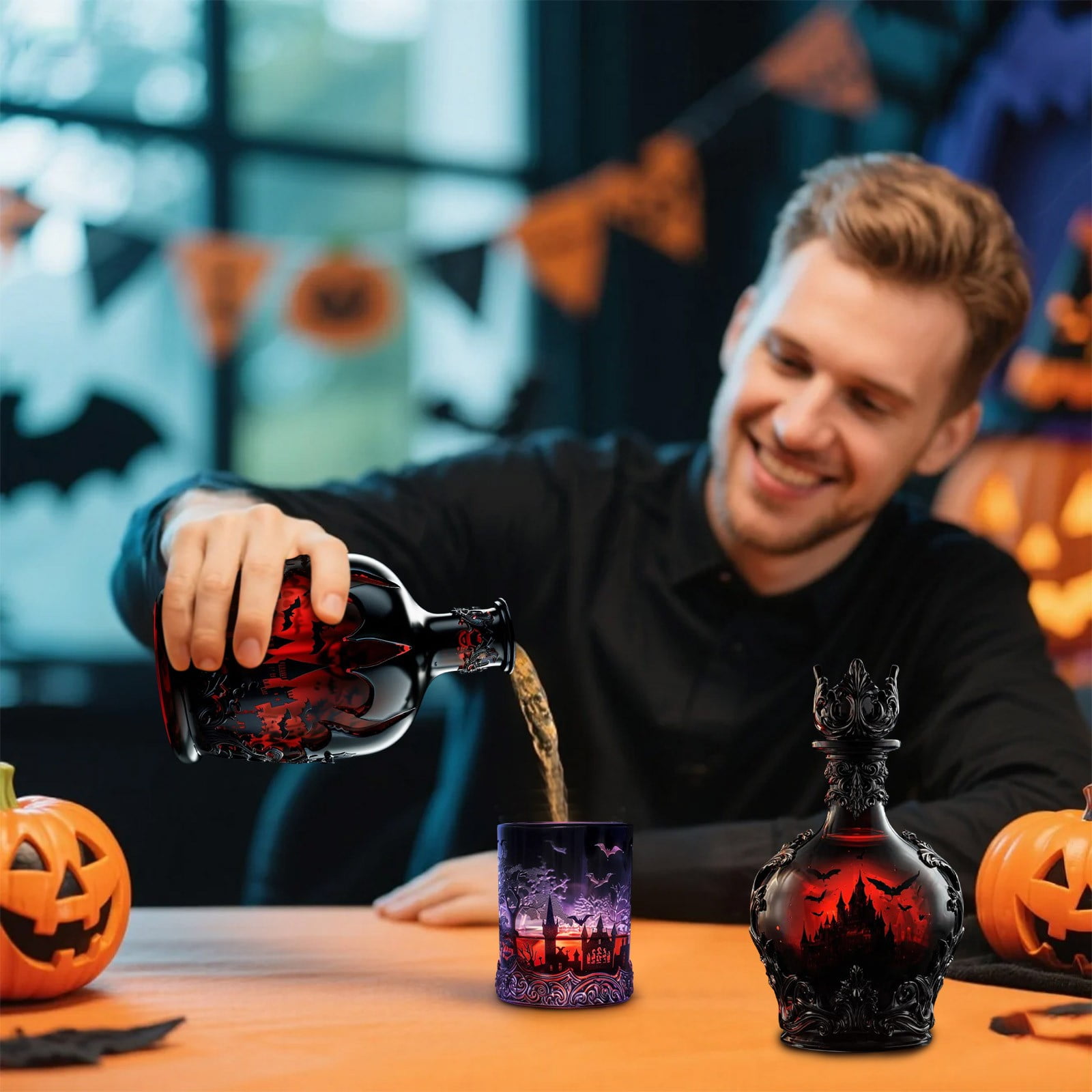 Magic Style Whiskey Bottle, Gothic Vampire Wine Decanter, Halloween Bar Decor, Dark Fantasy Elixir Bottle for Whiskey and Wine, Spooky Drinkware Gift for Collectors (B)